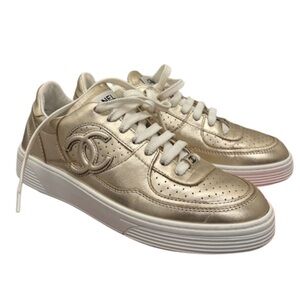 Chanel 2023 Low-Top Interlocking CC Logo Sneakers (Gold, Size IT 37.5)